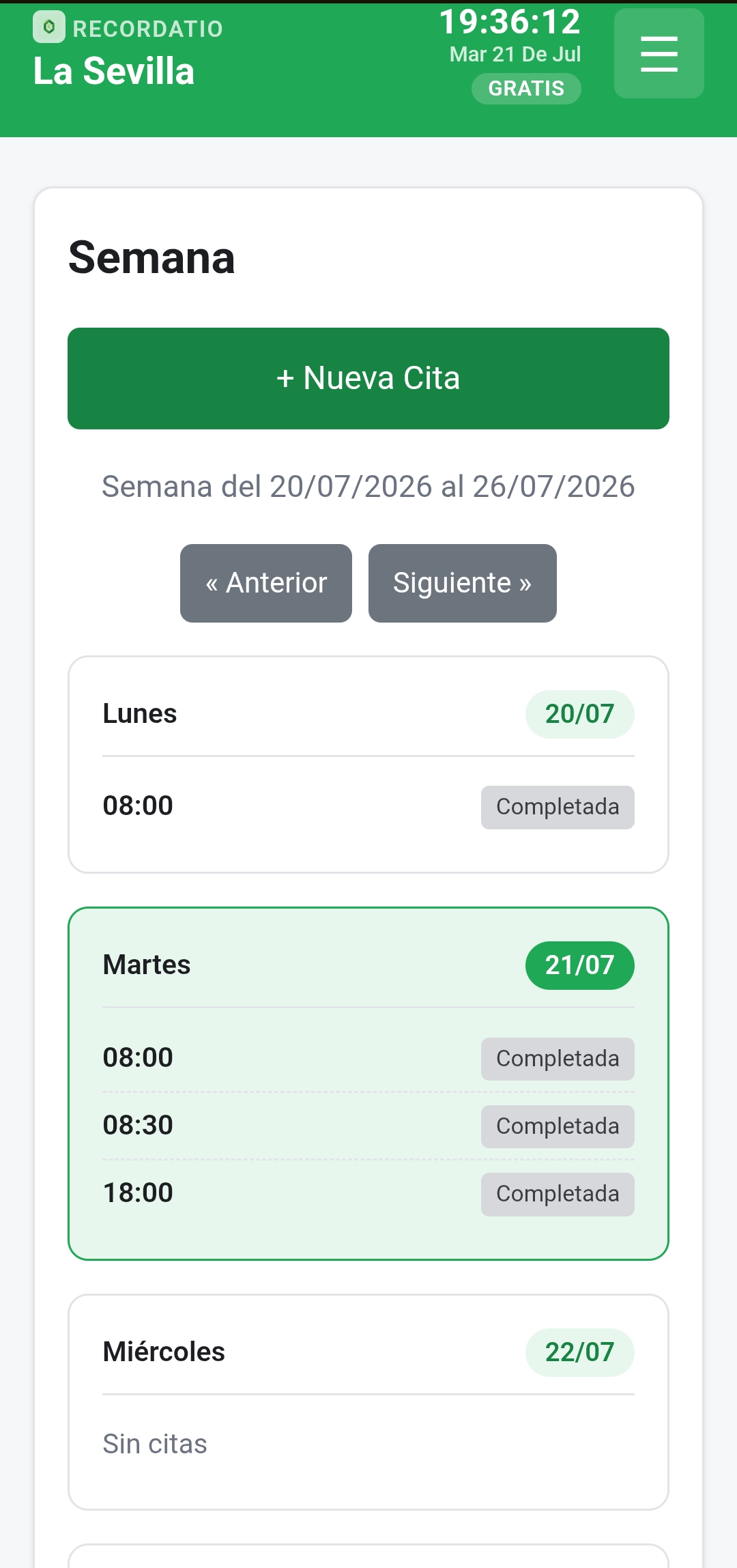 Calendario semanal de Recordatio con las citas agendadas de toda la semana