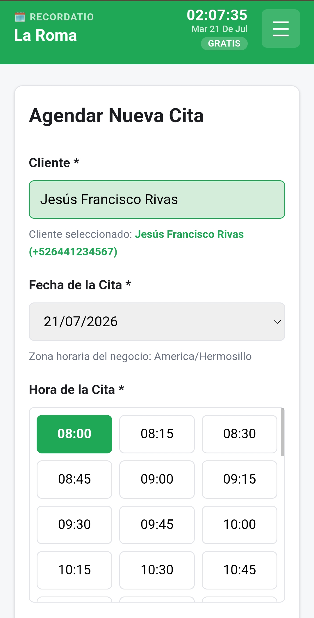 Pantalla de Recordatio para agendar una nueva cita