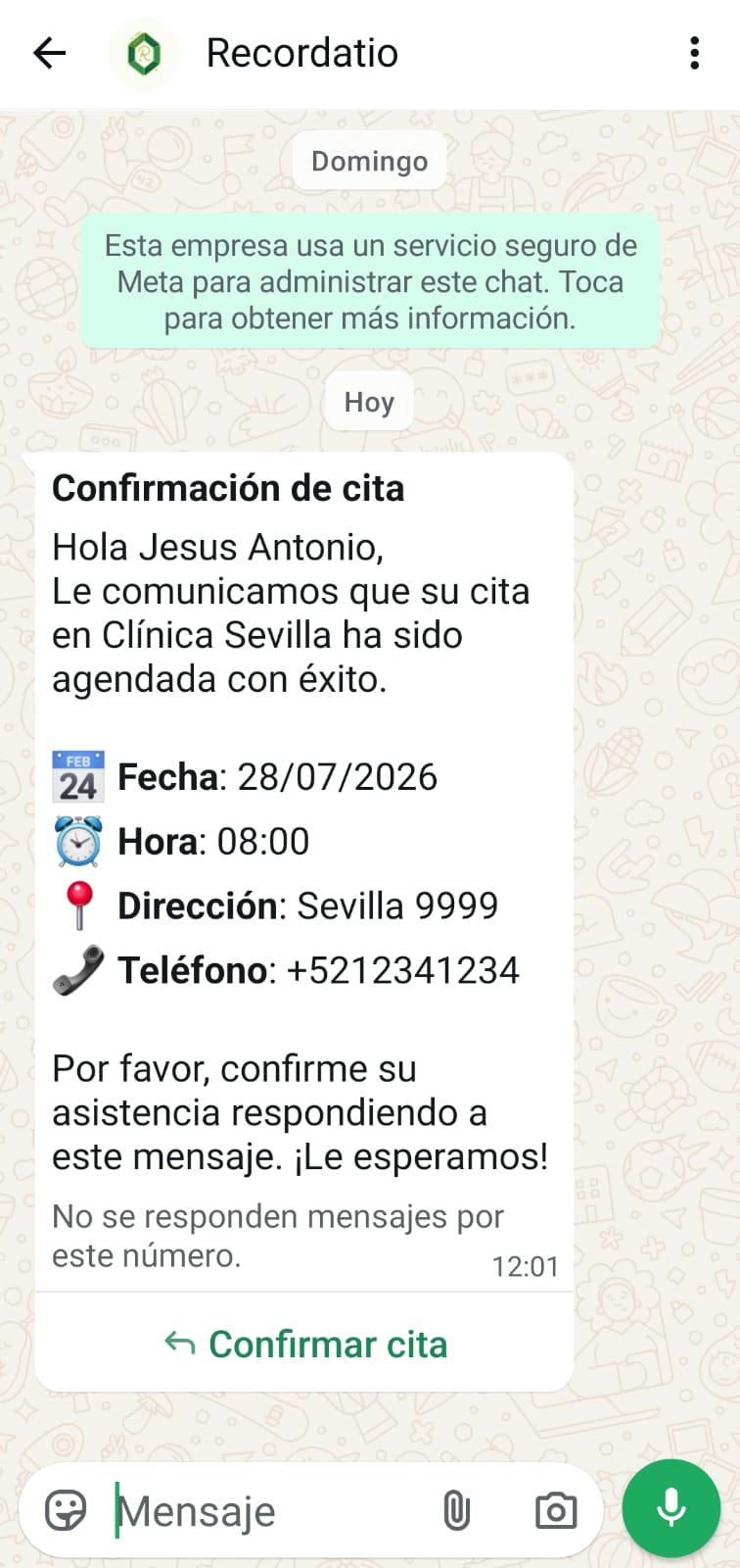 Vista del panel de citas del día en Recordatio